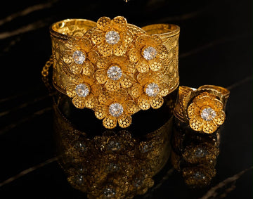 Orignal zirconia Gold Floral Filigree Bangle & Ring Set – Bridal Jewellery Collection