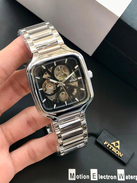 Fitron Skeleton Square Watch – Silver Steel