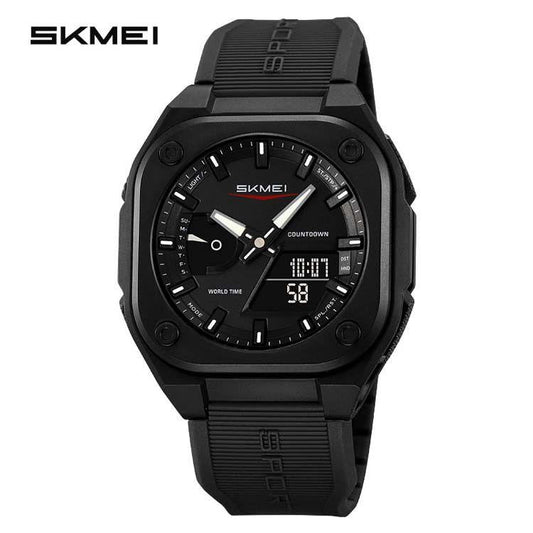 SKMEI dual display sports watch – all black silicone strap with black square case