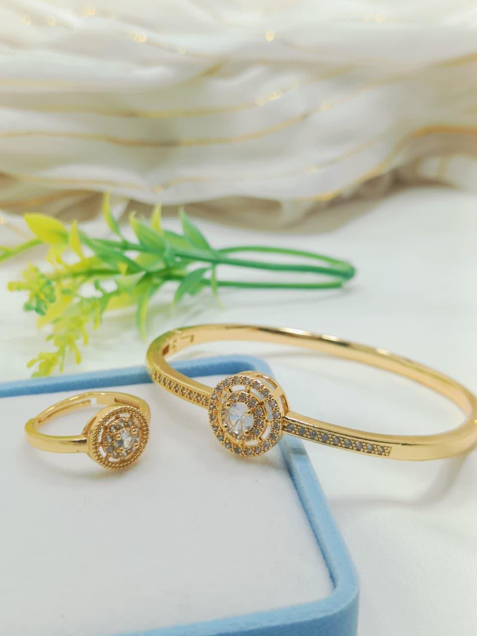 Gold-plated floral rosette bangle and ring set with center stone