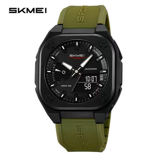 SKMEI dual display sports watch – army green silicone strap with black square case