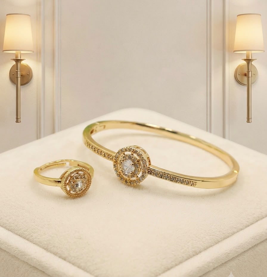 Gold-plated floral rosette bangle and ring set – luxury display