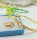 Gold-plated circle link clasp bangle and ring set with pave crystals