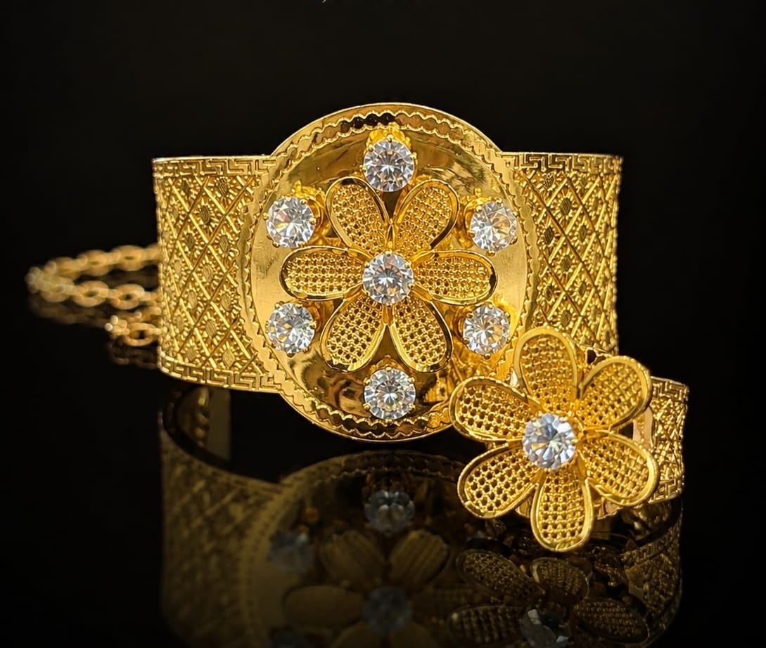 Gold floral filigree wide bangle and ring set with CZ stones – multi-flower design