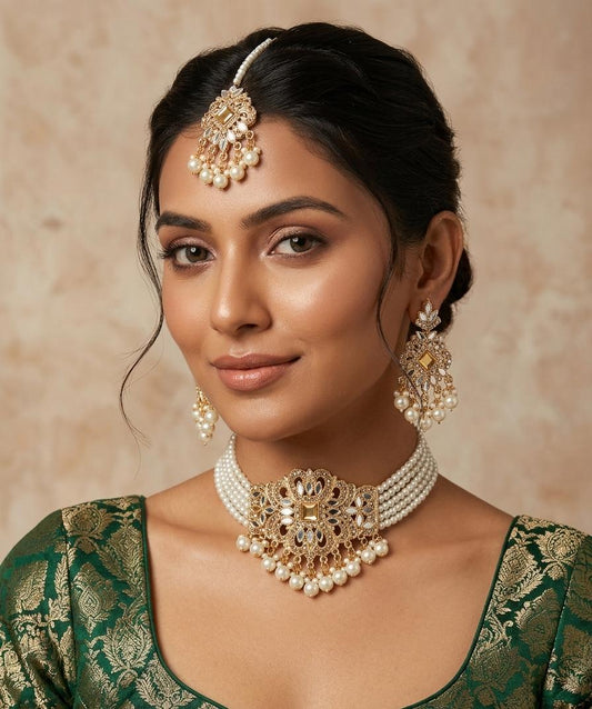 Pearl & Gold Bridal Farshi kundan Chokar Jewelry Set  Necklace, Earrings & Maang Tikka