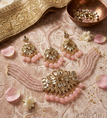 Pearl & Gold Bridal Farshi kundan Chokar Jewelry Set  Necklace, Earrings & Maang Tikka