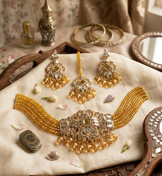 Pearl & Gold Bridal Farshi kundan Chokar Jewelry Set  Necklace, Earrings & Maang Tikka