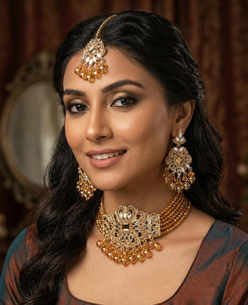 Pearl & Gold Bridal Farshi kundan Chokar Jewelry Set  Necklace, Earrings & Maang Tikka