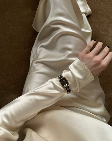 Luxury Square Dial Women's Watch – Gold Chain & Black Leather Strap