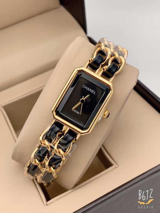 Luxury Square Dial Women's Watch – Gold Chain & Black Leather Strap