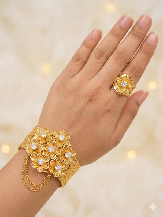Orignal zirconia Gold Floral Filigree Bangle & Ring Set – Bridal Jewellery Collection