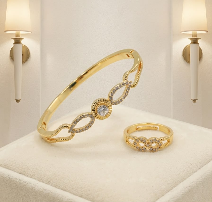 Gold-plated infinity wave bangle and ring set – luxury display