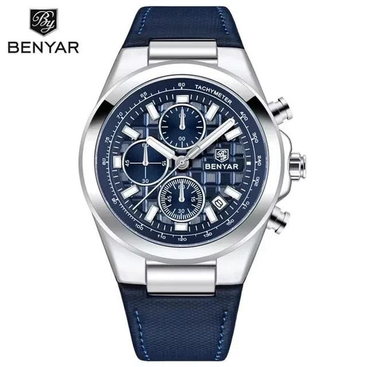 BENYAR Chronograph Sport Watch — Blue Dial & Leather Strap