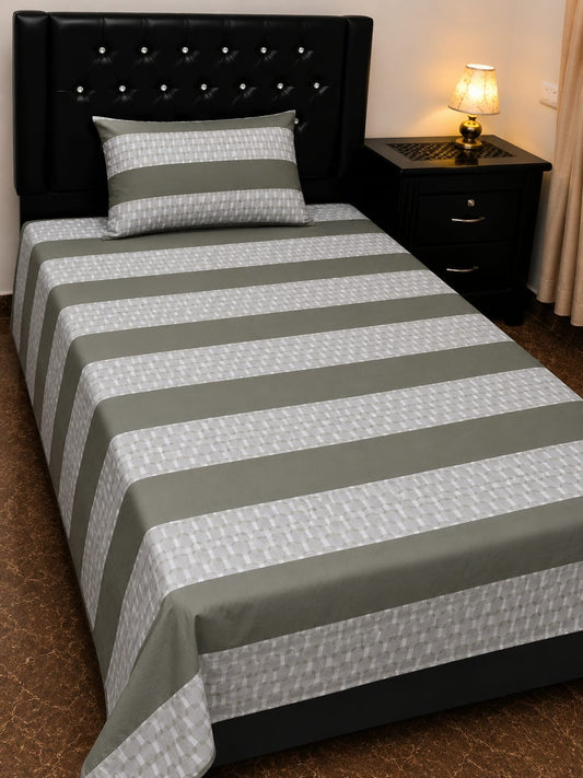 Cotton Single Bed Sheet Set with Pillowcase - Purple & Cream Stripe
