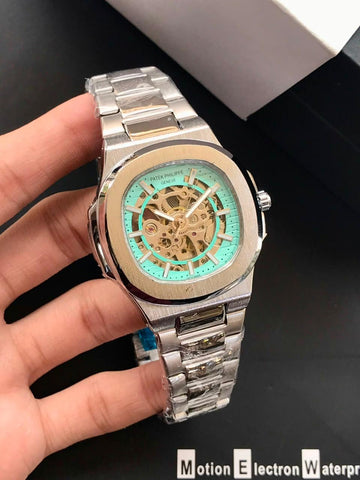 Luxury Skeleton Dial Automatic Watch – Silver Stainless Steel